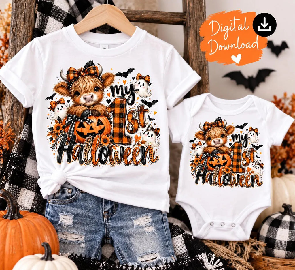 My 1st Halloween PNG, Baby First Halloween Sublimation, Cute Highland Cow Halloween PNG, Pumpkin Ghost Baby Shirt Design, Digital Download