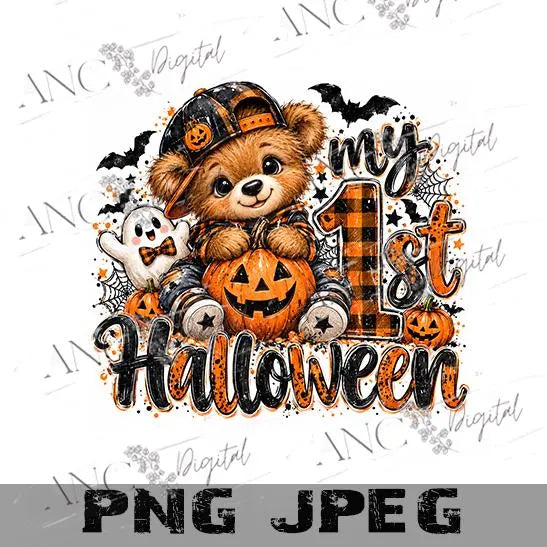 My 1st Halloween PNG, Baby Boy First Halloween Sublimation, Cute Teddy Bear Halloween PNG, Pumpkin Ghost Toddler Shirt Digital Download