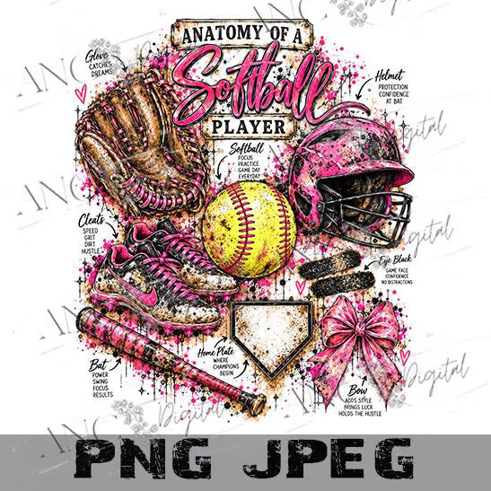 Anatomy of a Softball Player PNG, Softball Sublimation Design, Softball Girl PNG, Pink Softball Digital Download, Softball Mom Shirt PNG