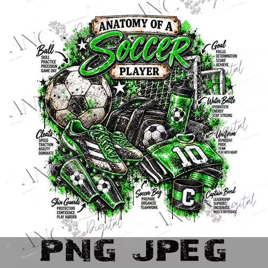 Anatomy of a Soccer Player PNG, Soccer Sublimation Design, Soccer Player PNG, Green Soccer Shirt Design, Grunge Sports Digital Download