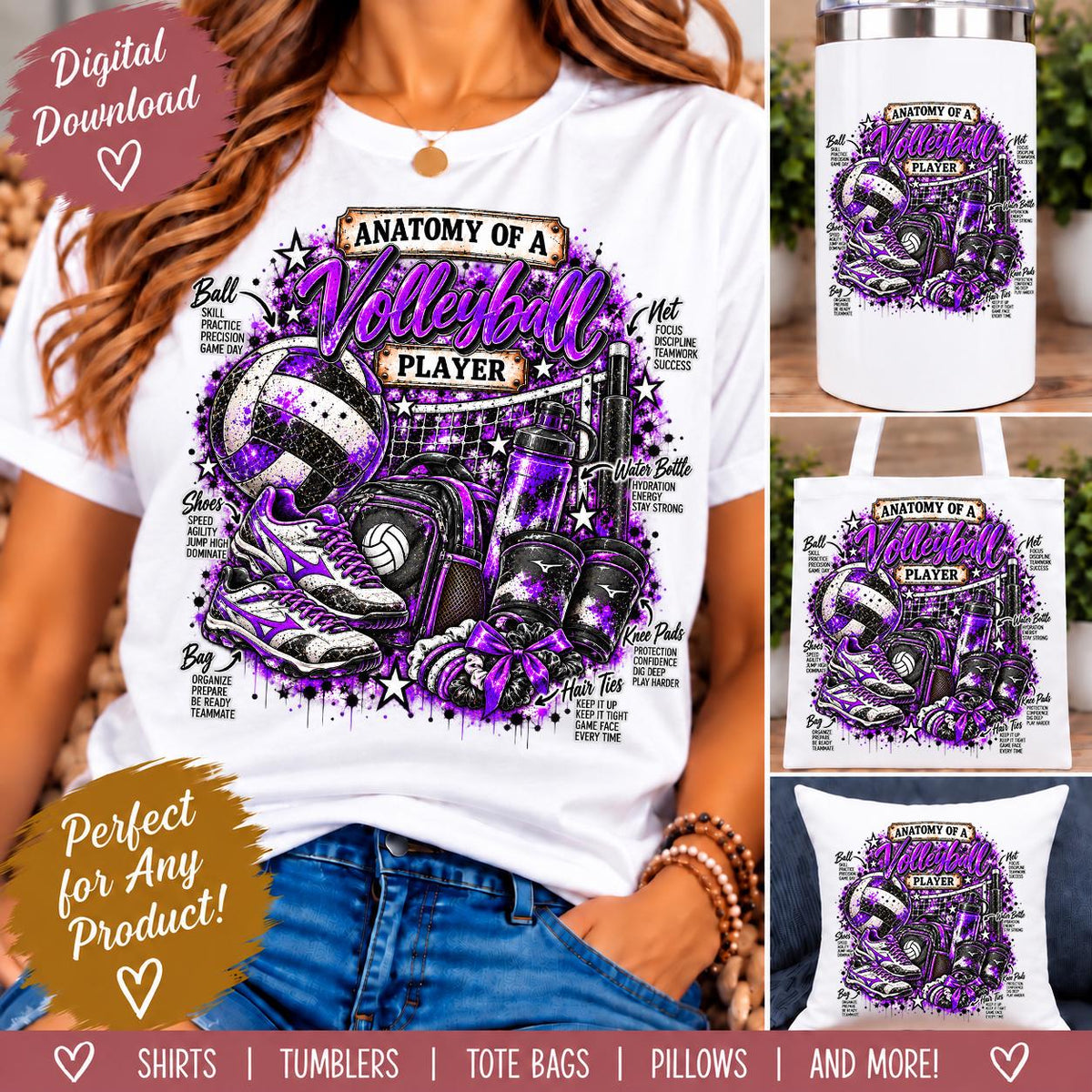 Anatomy of a Volleyball Player PNG, Volleyball Sublimation Design, Volleyball Girl PNG, Purple Volleyball PNG, Sports Digital Download