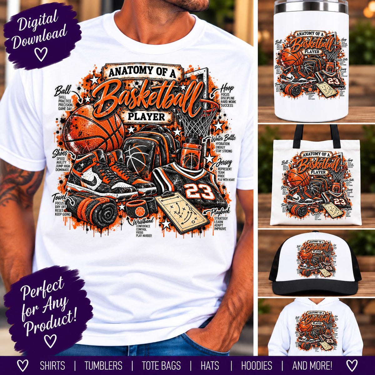 Anatomy of a Basketball Player PNG, Basketball Sublimation Design, Basketball Player PNG, Orange Grunge Sports Digital Download