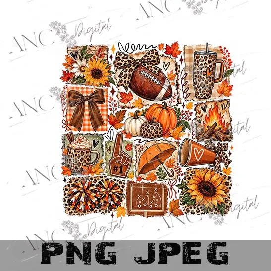 Fall Football Sublimation PNG | Game Day Football Design | Autumn Leopard Print Collage | Pumpkin Cheer Digital Download