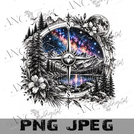Milky Way Compass PNG, Galaxy Travel Sublimation Design, Mountain Compass PNG, Black White Galaxy Digital Download, Adventure PNG