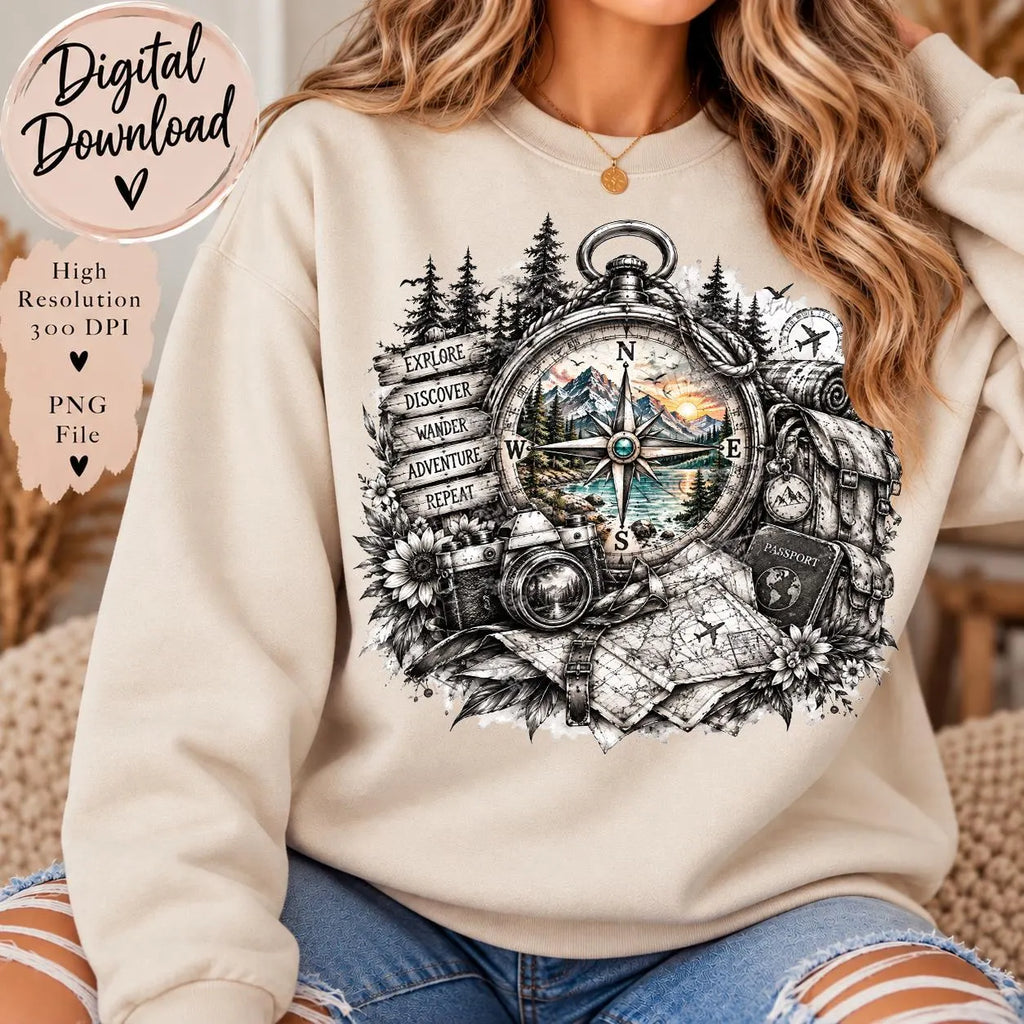Travel Compass PNG, Sketch Adventure Sublimation Design, Black and White Travel PNG, Wanderlust Compass Digital Download, Explorer PNG