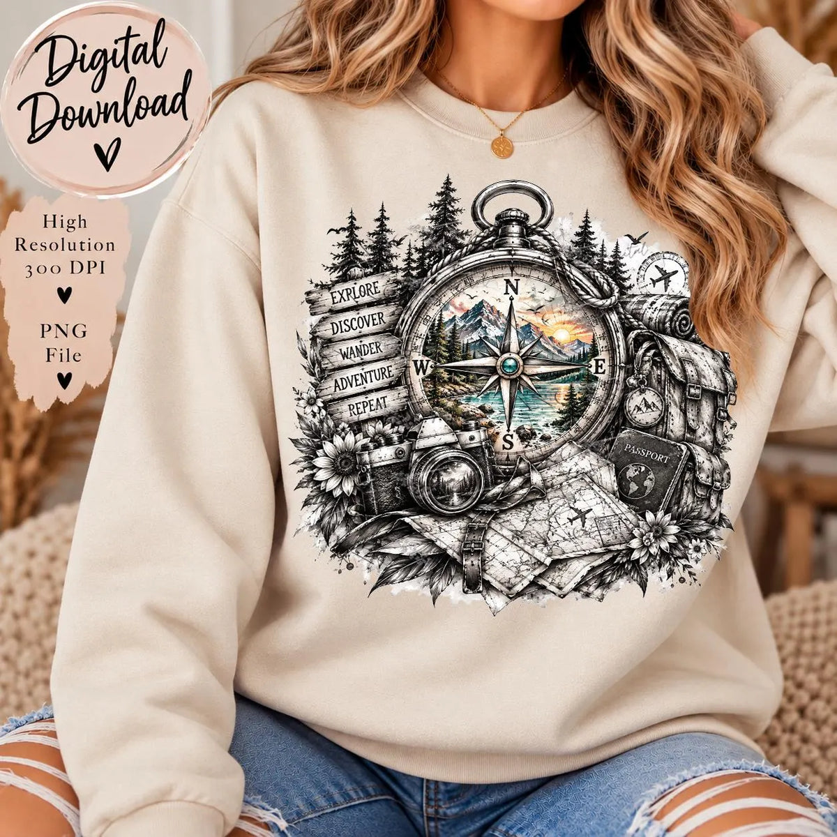 Travel Compass PNG, Sketch Adventure Sublimation Design, Black and White Travel PNG, Wanderlust Compass Digital Download, Explorer PNG