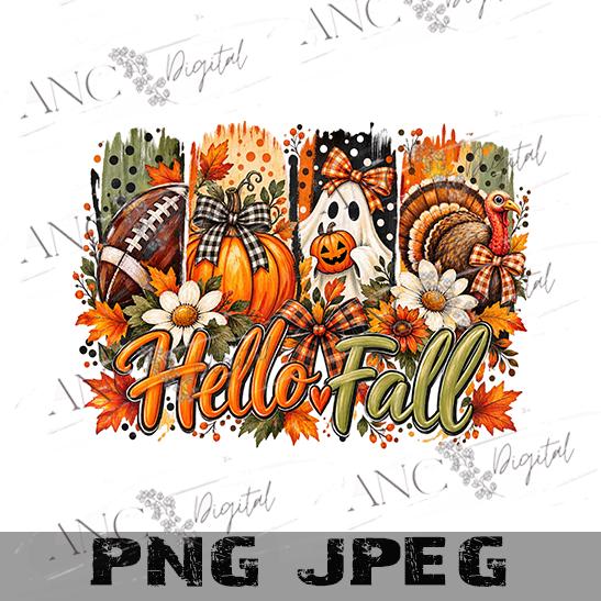 Hello Fall Sublimation PNG, Fall Football Pumpkin Turkey Halloween Design, Autumn Ghost PNG, Thanksgiving Sublimation, Fall Shirt Design