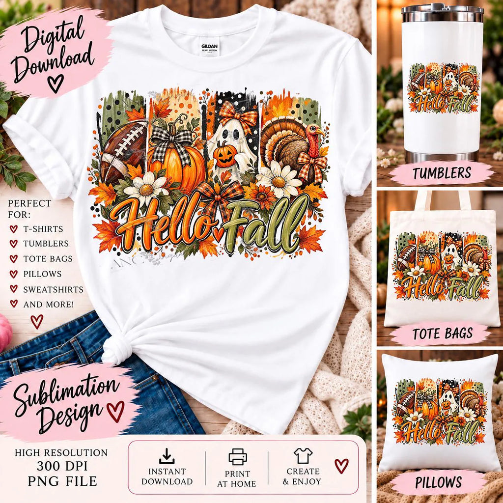 Hello Fall Sublimation PNG, Fall Football Pumpkin Turkey Halloween Design, Autumn Ghost PNG, Thanksgiving Sublimation, Fall Shirt Design