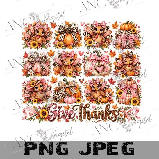 Coquette Thanksgiving PNG, Give Thanks Sublimation Design, Cute Turkey Pumpkin PNG, Pink Bow Fall Design, Leopard Thanksgiving Digital