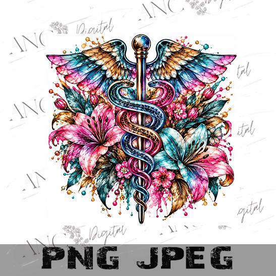 Nurse Emblem PNG, Floral Medical Sublimation Design, Colorful Caduceus PNG, Nurse Sublimation, Healthcare Worker Digital Download