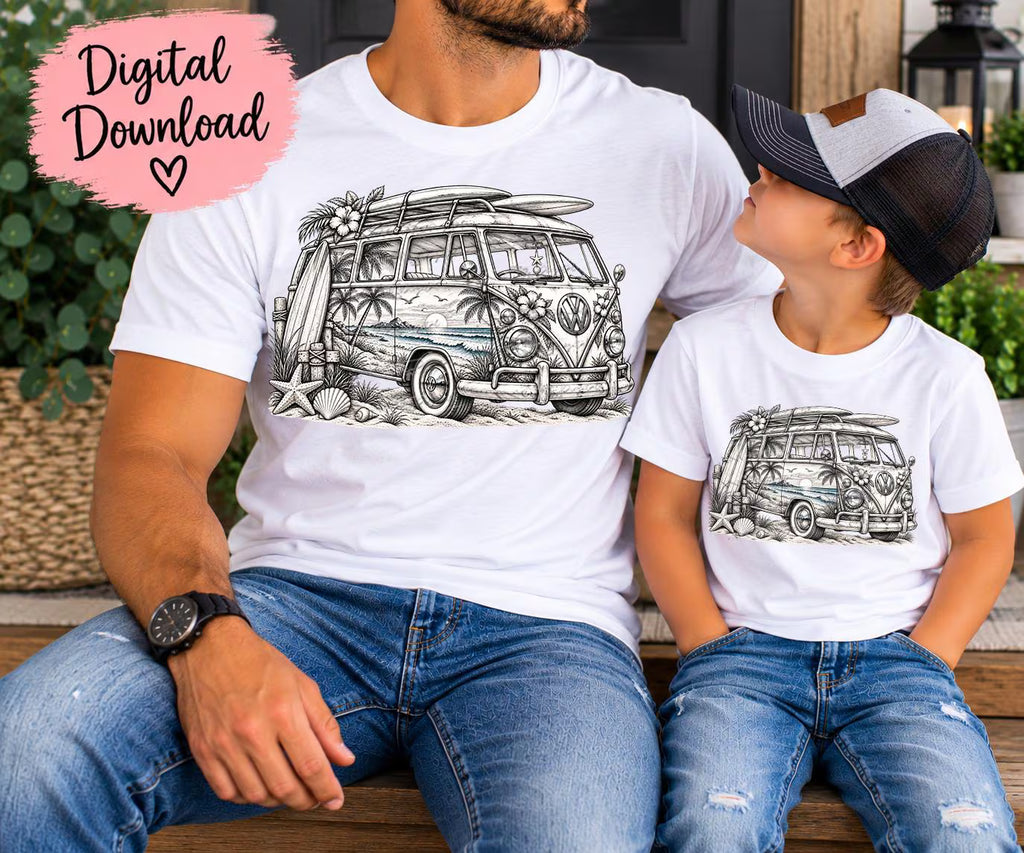 Vintage Camper  Bus Beach PNG, Surf Van Pencil Sketch, Coastal Sublimation Design, Retro Beach Van PNG, Summer Ocean Digital Download