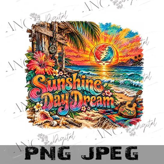 Sunshine Day Dream PNG, Psychedelic Beach Sunset Sublimation Design, Steal Your Face Skull  Sun, Hippie Boho Summer Digital Download