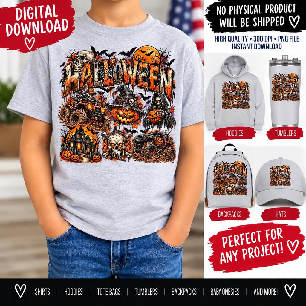Halloween Sublimation PNG,  Spooky Halloween Design, Monster Truck Skeleton PNG, Pumpkin Skull Haunted House Digital Download
