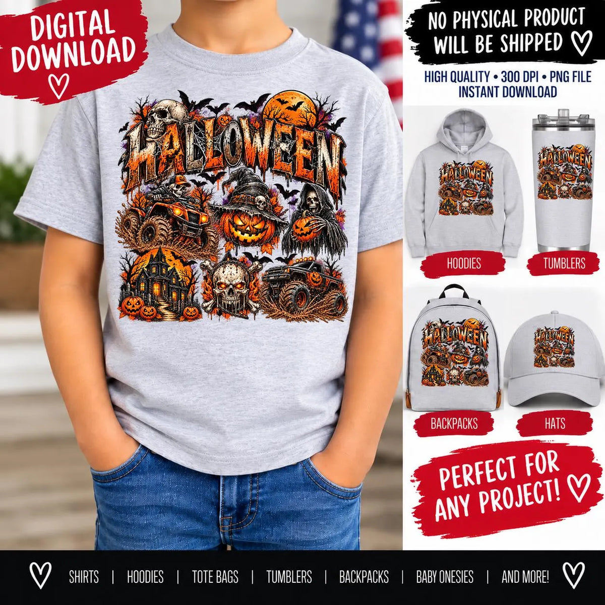 Halloween Sublimation PNG,  Spooky Halloween Design, Monster Truck Skeleton PNG, Pumpkin Skull Haunted House Digital Download