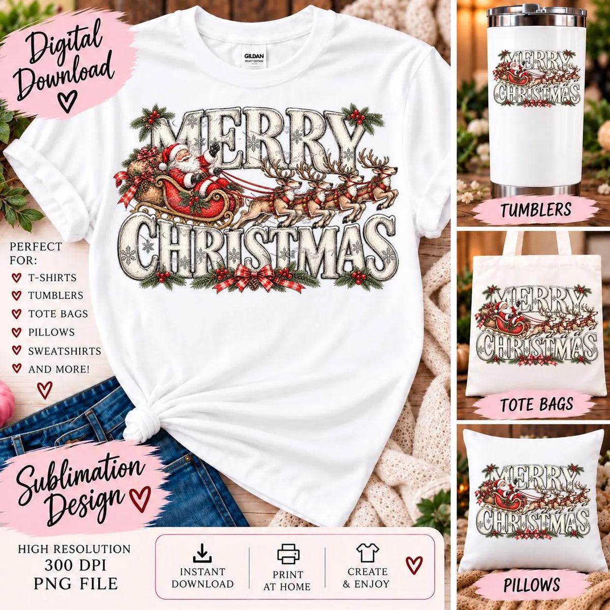 Merry Christmas Santa Sleigh PNG, Reindeer Christmas Sublimation, Vintage Santa Sketch PNG, Christmas Shirt Design, Holiday PNG