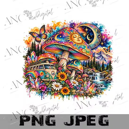 Psychedelic Mushroom PNG, Hippie Mushroom Sublimation Design, Celestial Sun Moon, VW Bus Boho Art, Colorful Trippy Digital Download