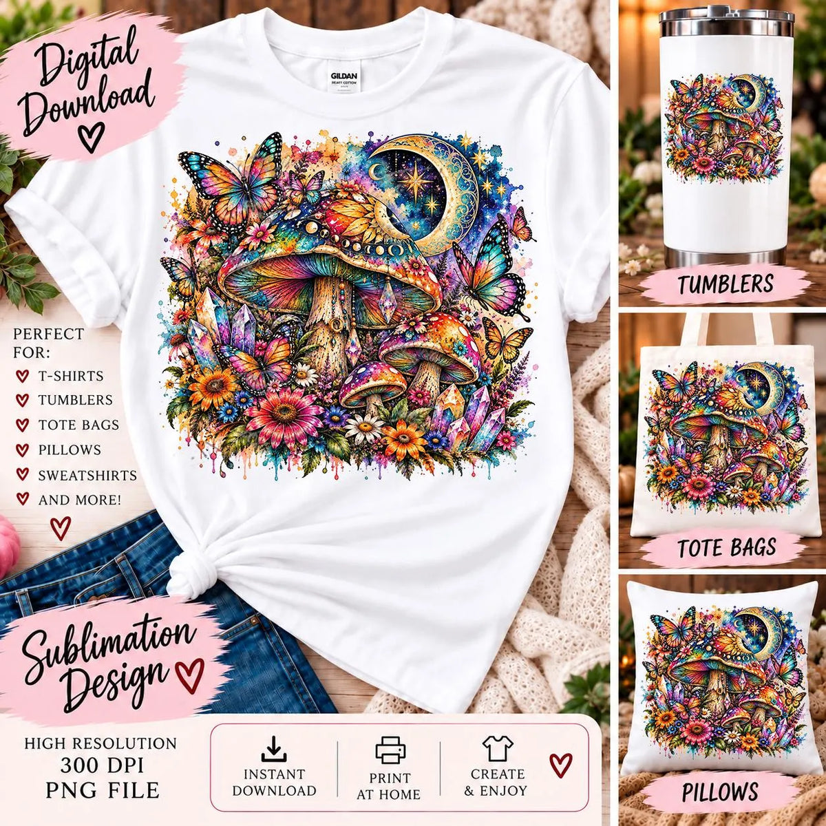 Psychedelic Mushroom PNG, Butterfly Sublimation Design, Celestial Moon Mushroom Art, Colorful Boho Hippie PNG, Trippy Digital Download