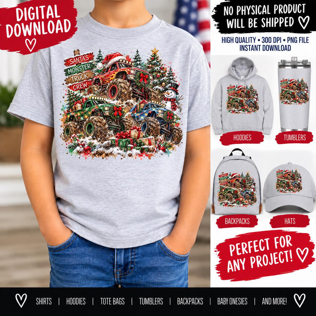 Christmas Monster Truck PNG, Santa Monster Truck Sublimation, Boys Christmas PNG, Holiday Truck Design, Monster Truck Digital Download
