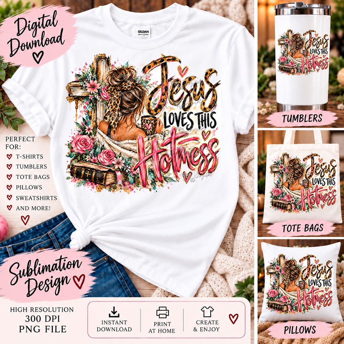 Jesus Loves This Hotmess PNG, Christian Sublimation Design, Funny Jesus Shirt PNG, Faith Coffee Girl Design, Leopard Christian PNG