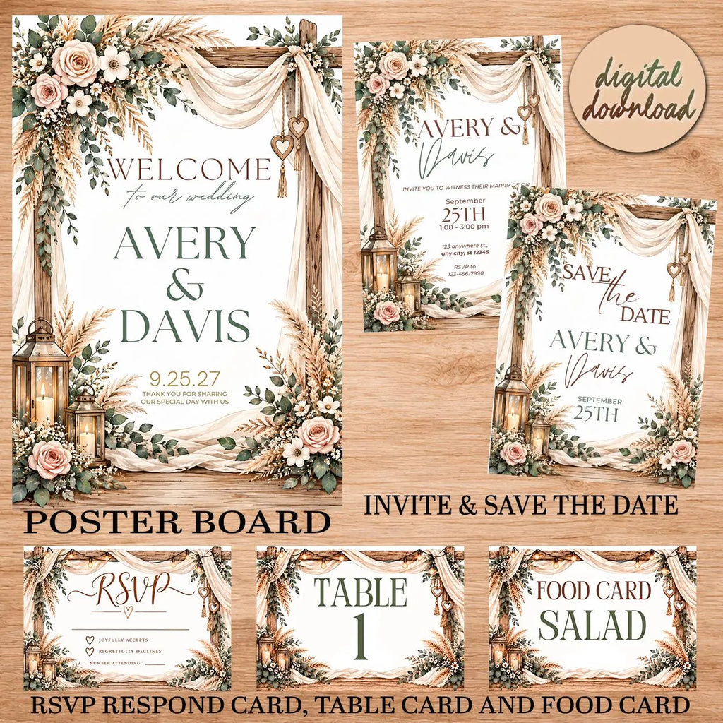 Boho Wedding Bundle Template, Rustic Wedding Invitation Set, RSVP Save the Date, Table & Menu Cards, Welcome Sign, Kids Coloring Pages
