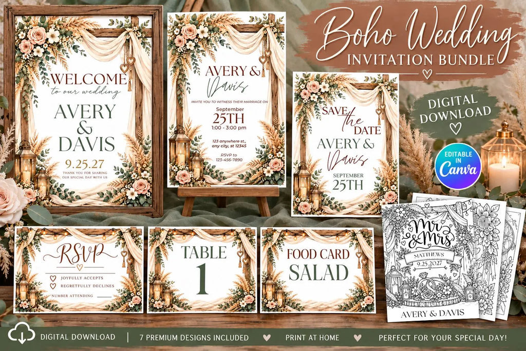 Boho Wedding Bundle Template, Rustic Wedding Invitation Set, RSVP Save the Date, Table & Menu Cards, Welcome Sign, Kids Coloring Pages
