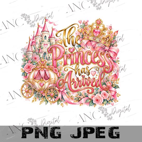 The Princess Has Arrived PNG, Baby Girl Announcement Sublimation, Watercolor Princess PNG, Pink Castle Crown Carriage, Newborn Girl Digital
