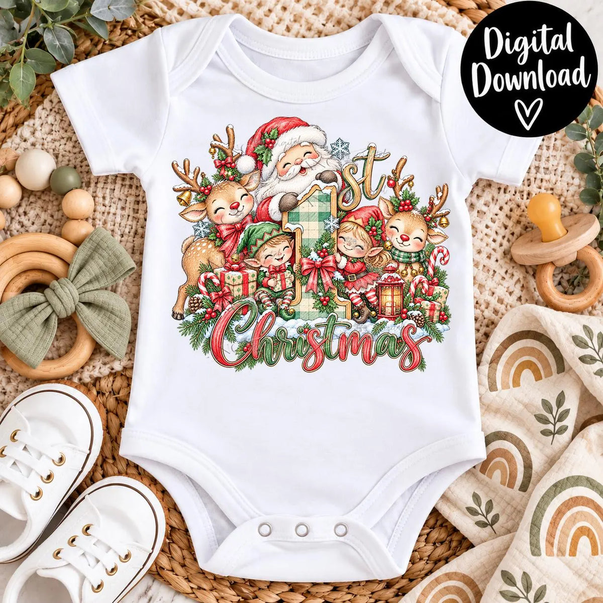Baby’s 1st Christmas Sublimation PNG, Santa Reindeer Christmas Design, Pastel Pencil Sketch, First Christmas PNG, Holiday Digital