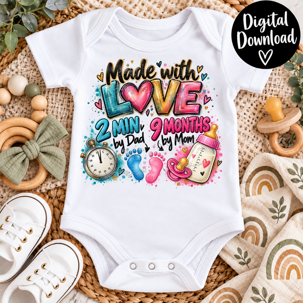 Made With Love Funny Baby PNG | 2 Minutes by Dad 9 Months by Mom | Sublimation Design | Digital Download