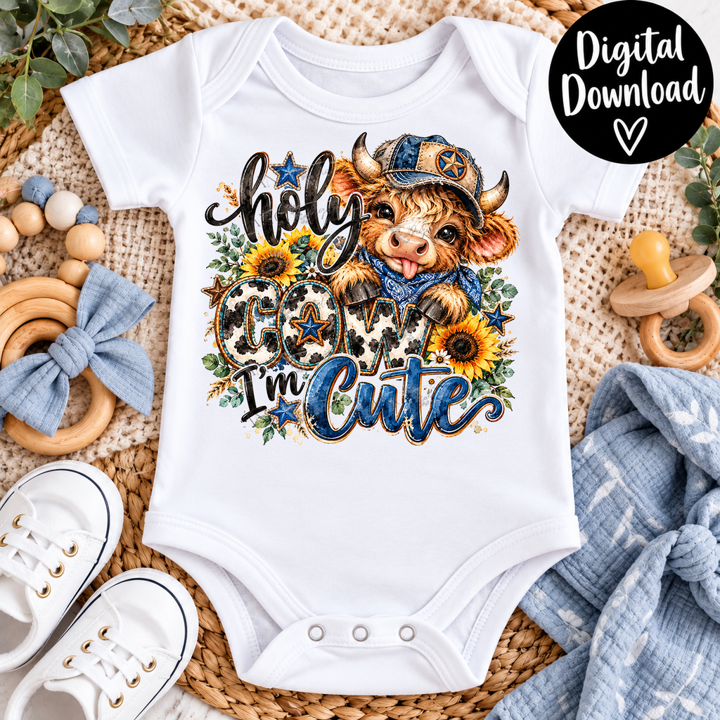 Holy Cow I’m Cute PNG, Cute Highland Calf Sublimation, Baby Calf PNG, Western Cowboy Design, Blue Calf Digital Download