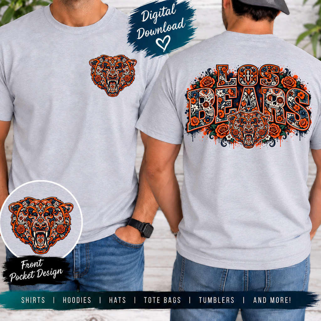 LOS BEARS PNG Bundle, Day of the Dead Bear Sublimation Designs, Sugar Skull Bear Head, Floral Sports Mascot Digital Download