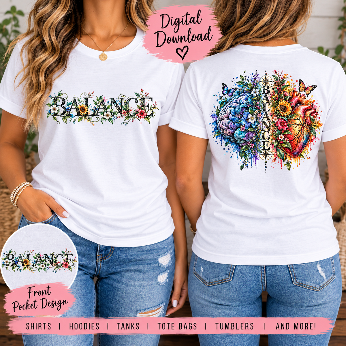 Mental Health Brain & Heart Sublimation Bundle PNG, Balance Design, Watercolor Anatomy Art, Mental Wellness PNG